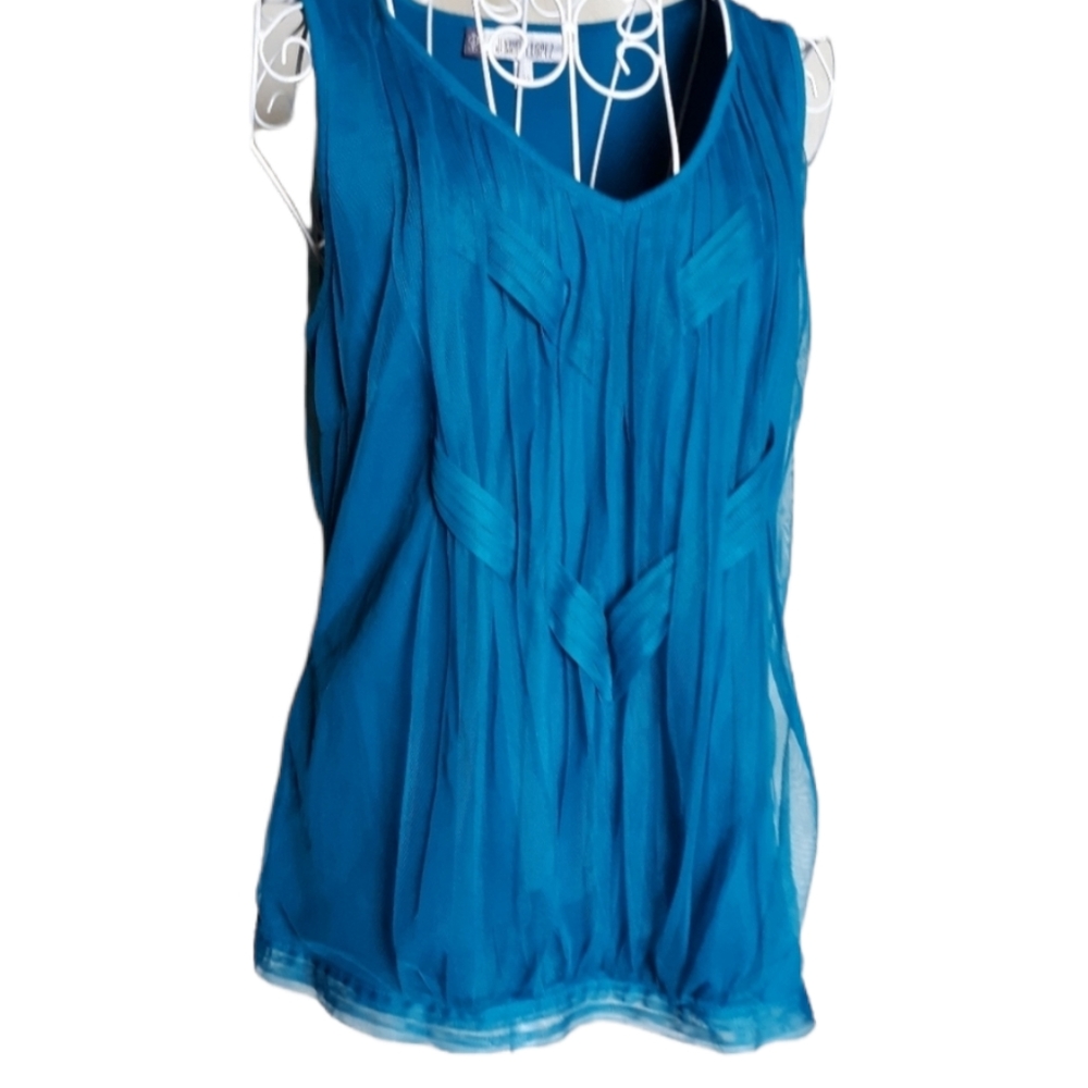 Jennifer Lopez Blue Woven Mesh Overlay Top SZ L